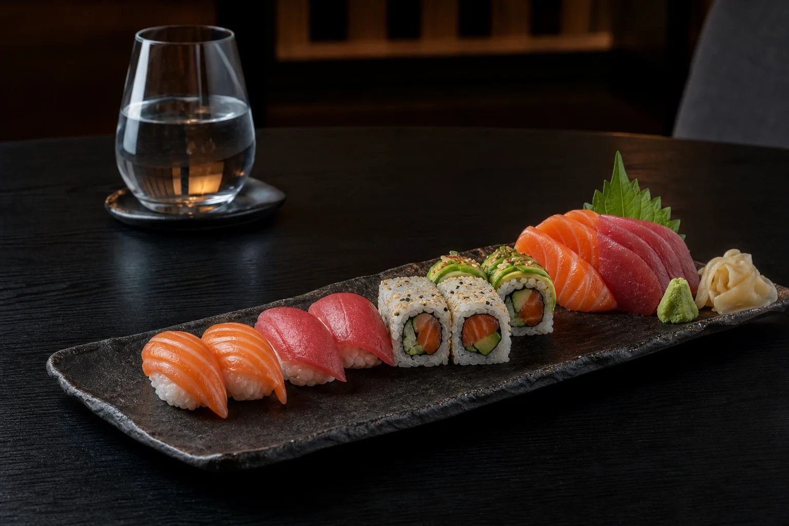 Sushi und Sashimi auf dunkler Keramik